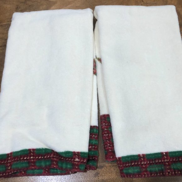 3 LENOX CHRISTMAS TOWELS 2 HAND FINGER Ribbon Tartan Plaid Holly Guest Bathroom - Picture 5 of 7